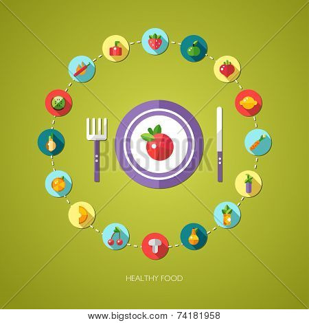 Illustration of flat design fruits and vegetables icons composit