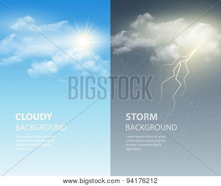 Thunder and lightning, sun and clouds. Weather background. Vector illustration