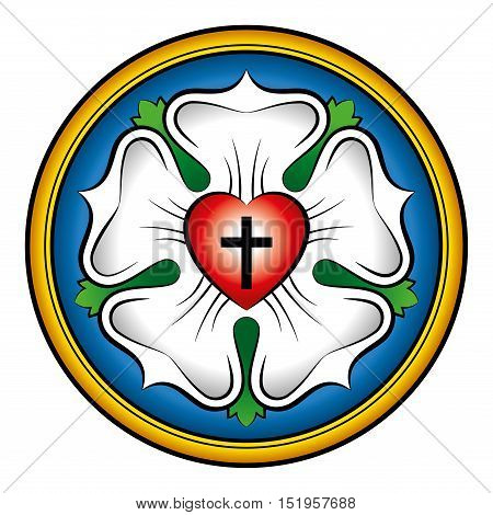 Luther rose colored calligraphic illustration. Also Luther seal, symbol of Lutheranism. Expression of theology and faith of Martin Luther, consisting of a cross, an heart, a single rose and a ring.