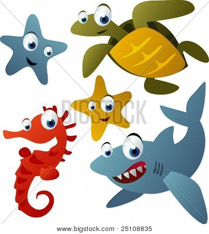 vector animals set 9: starfish, turtle, shark and sea horse