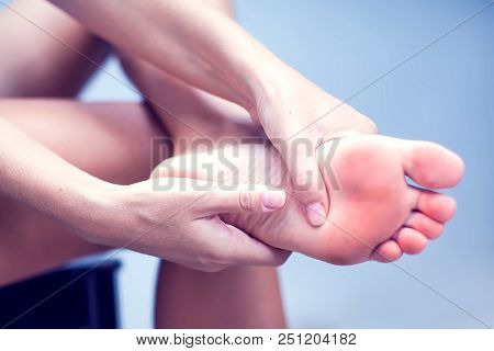 Woman Hand Holding Foot With Pain, Health Care And Medical Concept