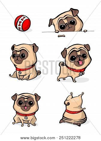 Cartoon Character Pug Dog Poses. Cute Pet Dog In The Flat Style. Set Dogs. Cute Dog Of Pug Breed. Ve