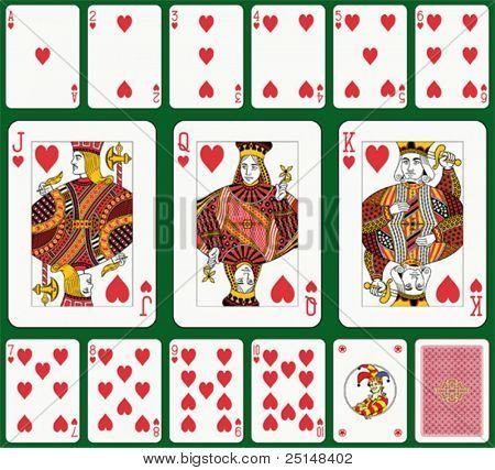 Heart suit. Jack, Queen and King double sized. Green background in a separate level.