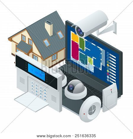 Isometric Alarm System Home. Home Security. Security Alarm Keypad With Person Arming The System. Acc