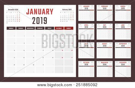 2019 Year Calendar, Calendar Design For 2019 Starts Monday