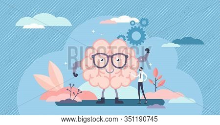 Fit Brain Cartoon Character, Flat Tiny Person Vector Illustration Concept. Sharp Mind And Solving Pr