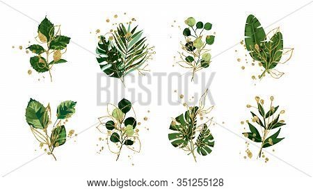 Gold Green Floral Tropical Leaves Wedding Bouquet With Golden Splatters Isolated. Boho Botany Foliag