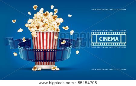 Popcorn for movie theater and cinema reel on blue background. Eps10 vector illustration