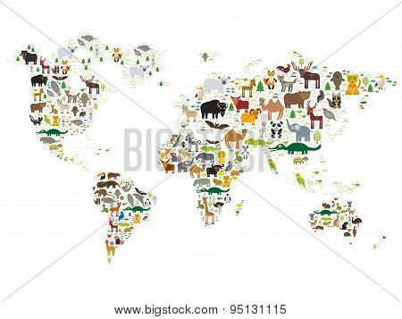 Cartoon Animal World Map For Children And Kids, Animals From All Over The World On White Background.