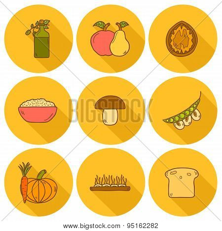 Set of modern icons with shadows in hand drawn style on vegan food theme