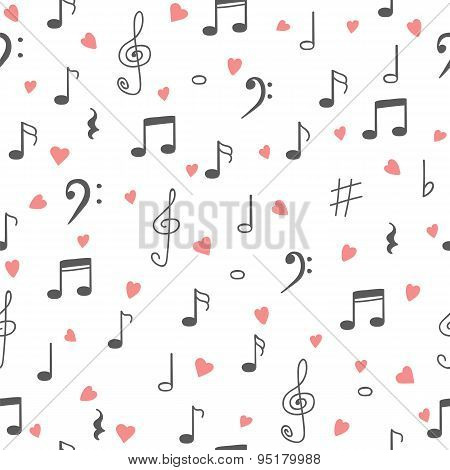 I Love Music. Music Seamless Pattern Background. Hand Drawn Music Notes And Hearts