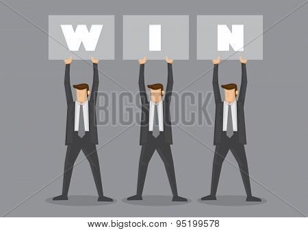 Businessmen Holding Up Win Placard