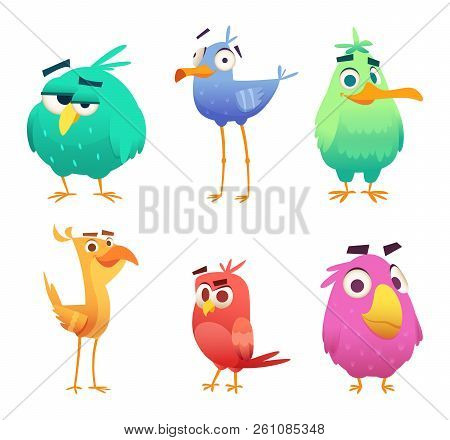 Cartoon Funny Birds. Faces Of Cute Animals Colored Baby Eagles Happy Birds. Vector Clipart Character