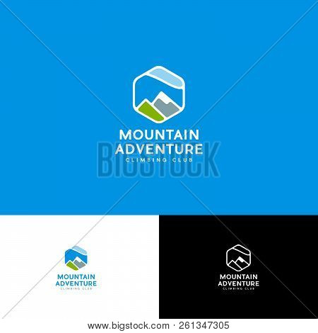 Mountains Adventure Logo. Travel Agency Emblem. Mountain Peaks On Hexagon Shape And Letters. Emblem 