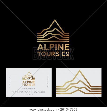 Alpine Tours Company Logo. Mountain Travel Agency Emblem. Mountain Peaks And Letters. Emblem For Alp