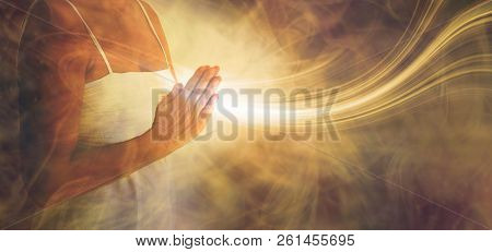 Peaceful Prayer Sending Love And Light Out -  Female In White Dress With Hands In Prayer Position An