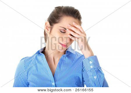 stressed and depressed young atractive businesswoman, headache and migraine concept, isolated on white