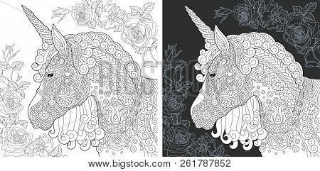 Unicorn. Coloring Page. Coloring Book. Colouring Picture With Fantasy Horse Drawn In Zentangle Style