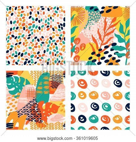 Abstract Shapes Geometric Vector Pattern Set In Bright Colors With Tropical Leaves, Brush Strokes An