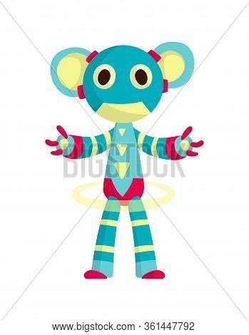 Funny Cartoon Robot. Cute Retro Robot. Robotic For Children. Friendly Android Robot Character With A