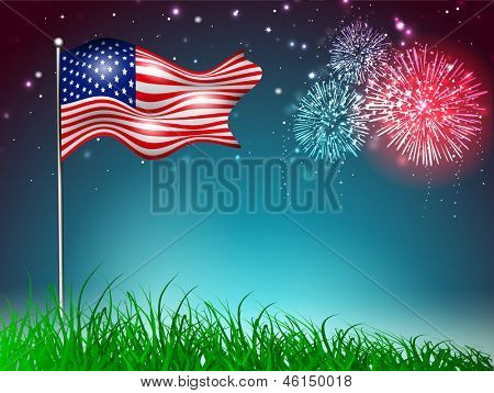 4. Juli, American Independence Day Feier Hintergrund mit waving Flag and Fire Cracker.