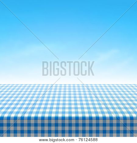 Empty picnic table covered with blue checkered tablecloth. Vector.