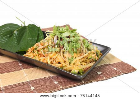 Spicy Pork Fried Rice On Napery Isolated On White Background