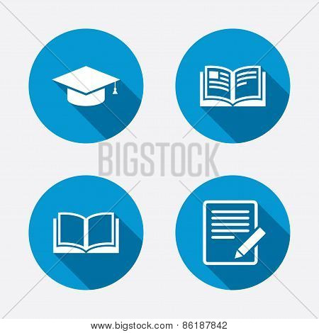 Pencil and open book signs. Graduation cap icon.