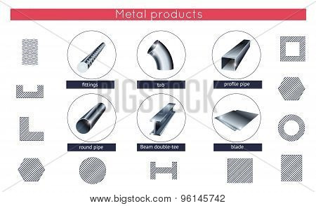 Rolled metal products vector icons set