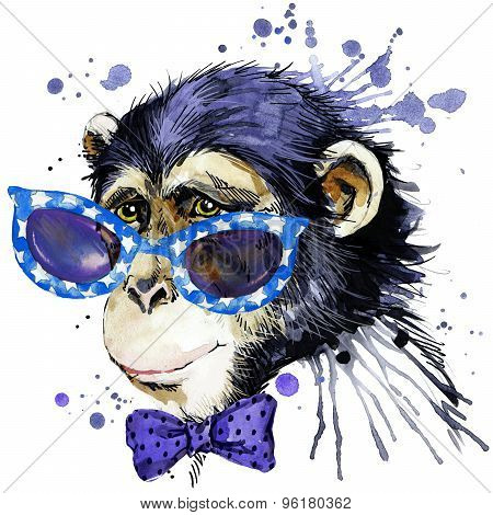 monkey T-shirt graphics. monkey illustration with splash watercolor textured  background. unusual il