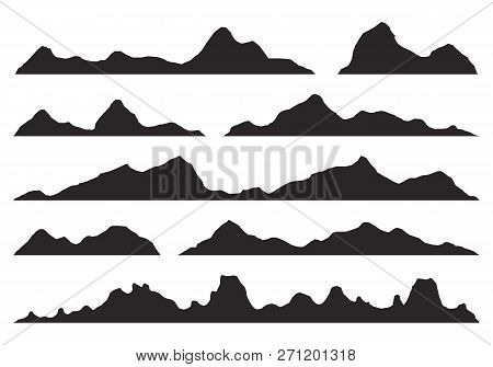 Mountains Silhouettes On The White Background. Wide Semi-detailed Panoramic Silhouettes Of Highlands