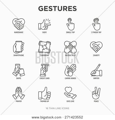 Hands Gestures Thin Line Icons Set: Handshake, Easy Sign, Single Tap, 2 Finger Tap, Holding Smartpho