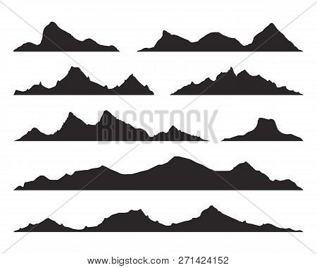 Mountains Silhouettes On The White Background. Wide Semi-detailed Panoramic Silhouettes Of Highlands