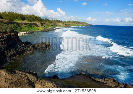 Beautiful Gris-gris Beach  With Blue Sky And Indian Ocean Waves At Mauritius Island.