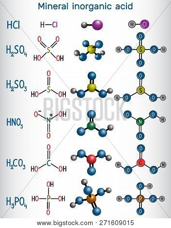 Chemical Formula And Molecule Model Mineral Inorganic Acid. Hydrochloric Acid (hcl), Sulfuric Acid (