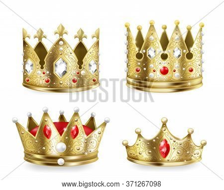 Golden Crowns. 3d Realistic Royal Heraldic Decoration Element, King And Queen Medieval Luxury Set. V