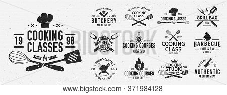 Set Of Cooking Class Logo And Poster Templates. Barbecue And Cooking Courses Logo Set For For Food S