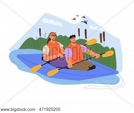 Happy Active Young Couple Rafting In Kayak Or Canoe, Flat Vector Illustration Isolated On White Back