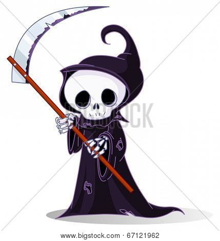 Cute cartoon grim reaper with scythe isolated on white. Raster version.  