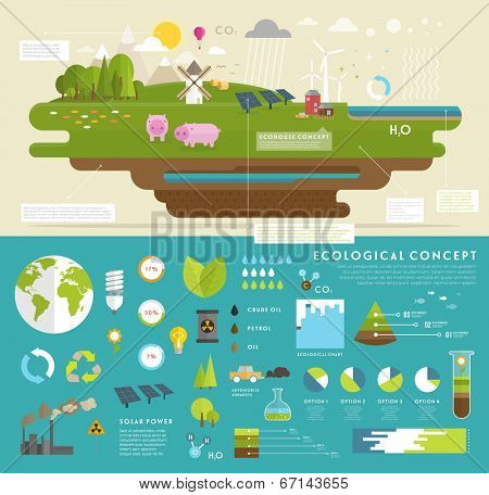 Ecology Concept Vector Icons Set for Environment, Green Energy and Nature Pollution Designs. Flat Style. Renewable Energy, Natural Farm Products, Fresh Air and Drinking Water.