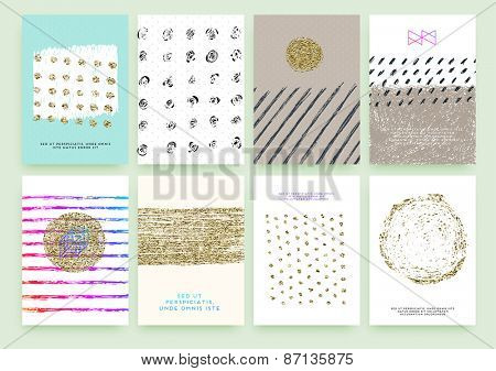 Set of Trendy Posters with Gold Glitter Texture Background. Modern Hipster Style for Invitation, Business Contemporary Design. Geometric Labels for Logo Design. Hand Drawn Elements for Placards, Flyer