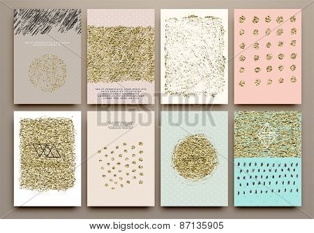 Set of Trendy Posters with Gold Glitter Texture Background. Modern Hipster Style for Invitation, Business Contemporary Design. Geometric Labels for Logo Design. Hand Drawn Elements for Placards, Flyer