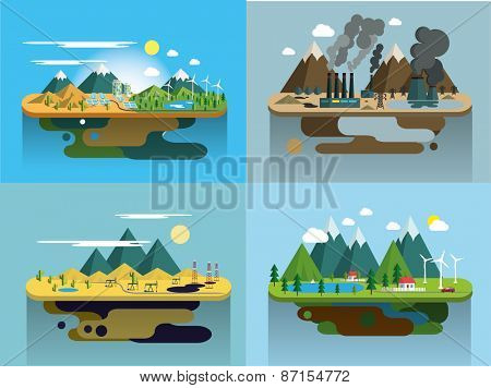 Ecology Concept Vector Icons Set for Environment, Green Energy and Nature Pollution Designs. Flat Style. Renewable Energy, Natural Farm Products, Fresh Air and Drinking Water.