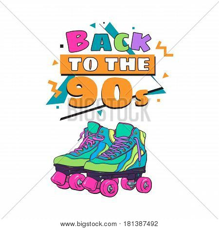 Memphis retro style back to the 90s poster, banner template with roller skates on white background. Back to the 90s party invitation, poster, banner design with geometric details and roller skates