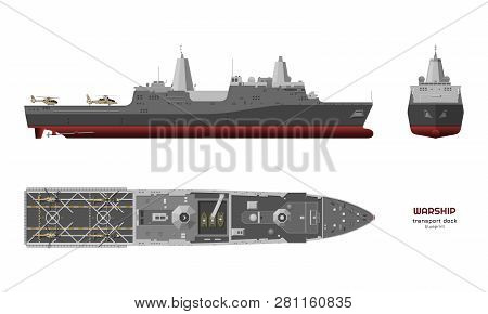 Detailed Image Of Military Ship. Top, Front And Side View. Battleship 3d Model. Industrial Isolated 