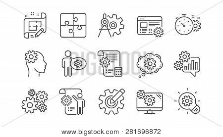 Engineering Line Icons. Puzzle, Dividers Tool And Architect Plan. Engineer Linear Icon Set.  Vector