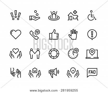 Help Line Icons. Support Health Care, Manual Faq Guide, Family Life Care Community Charity Donate. V