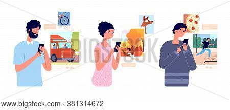 People Browse Social Network. Girl Browsing Mobile, Student Share Photos. Smartphone Chat, Online In