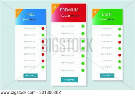 Price List, Hosting Plans And Web Boxes Banners Design. Three Tariffs. Interface For The Site. Ui Ux