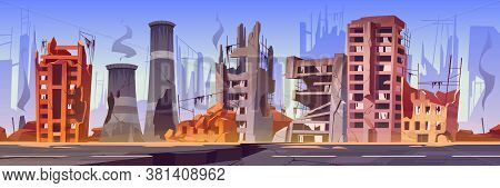 Destroyed Buildings On City Street After War Or Natural Disaster. Vector Cartoon Illustration Of Aba